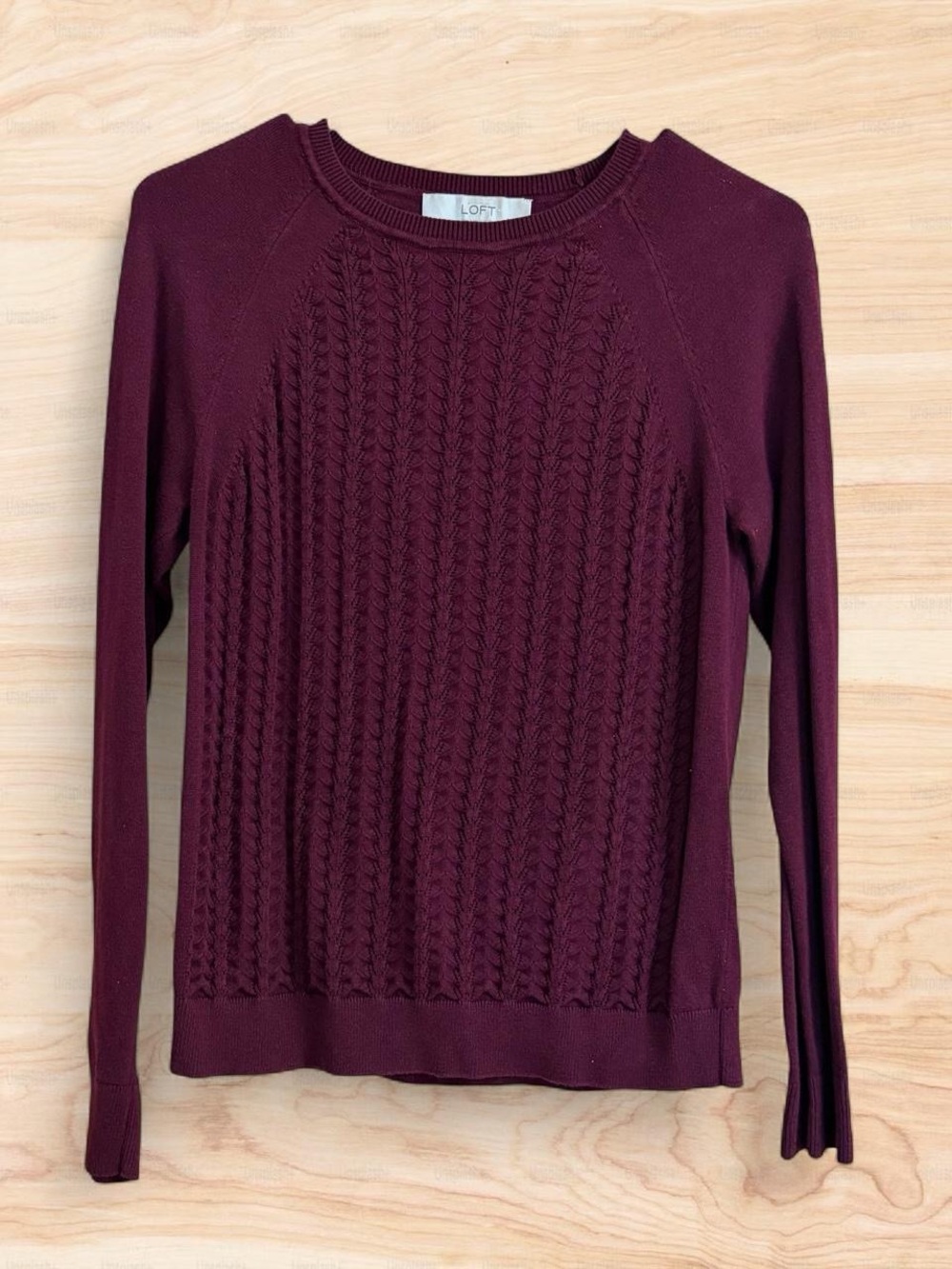 LOFT Women's Burgundy Cable-Knit Crewneck Sweater
